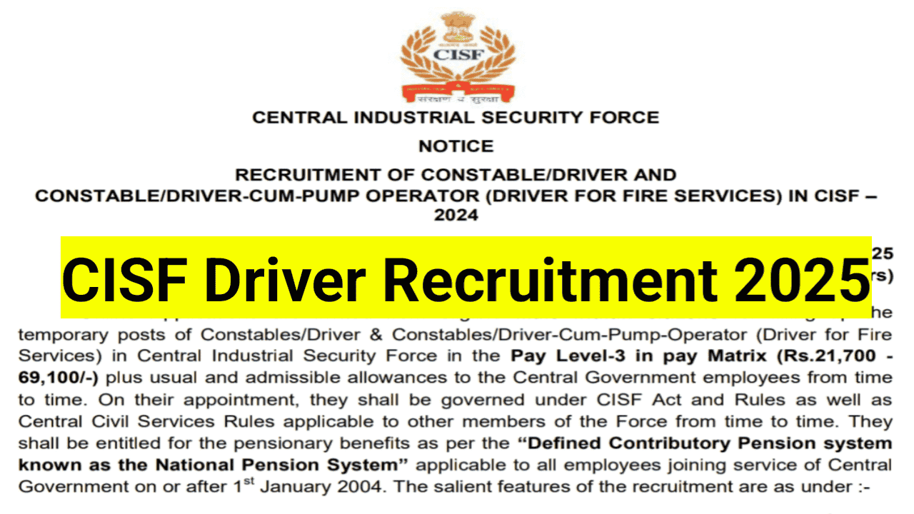 CISF Driver Recruitment 2025 for 1124 Posts, Apply Now